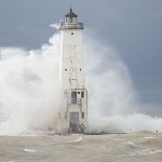 Waves crash over Frankfortýs North Pier Head. Photo by Record-Eagle/Mike Krebs on October 20, 2020